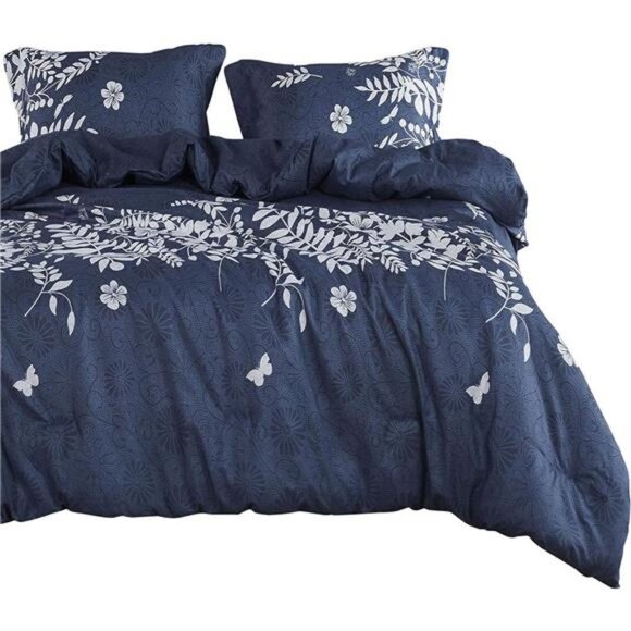 Navy Blue Comforter Set Gray Floral and Tree Leaves Pattern Printed Soft